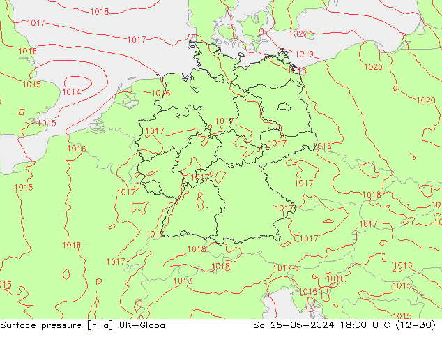 Pressione al suolo UK-Global sab 25.05.2024 18 UTC