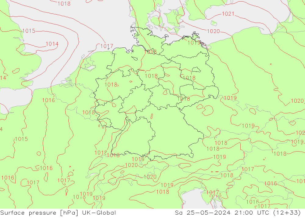 Atmosférický tlak UK-Global So 25.05.2024 21 UTC