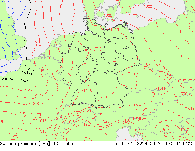 Pressione al suolo UK-Global dom 26.05.2024 06 UTC