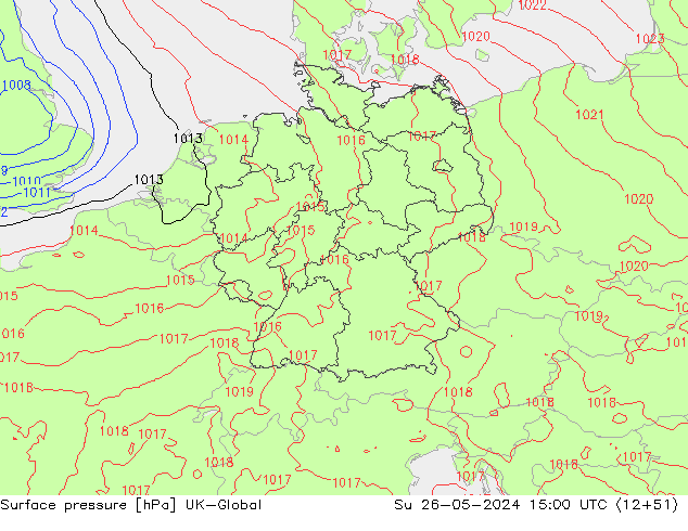 Pressione al suolo UK-Global dom 26.05.2024 15 UTC