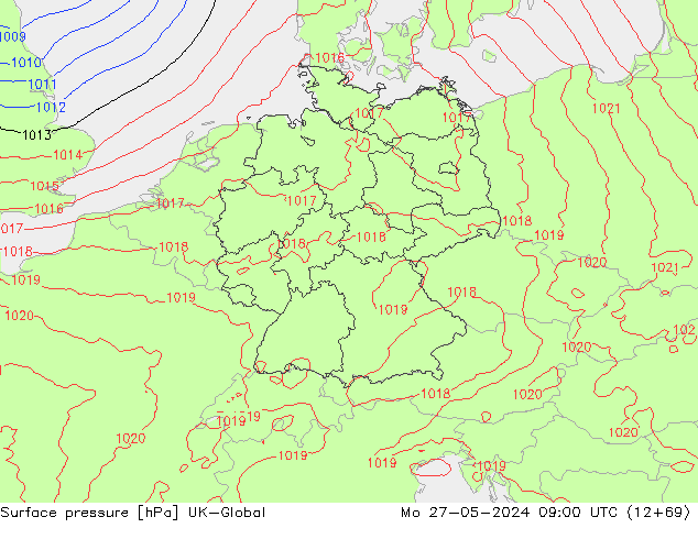 Surface pressure UK-Global Mo 27.05.2024 09 UTC