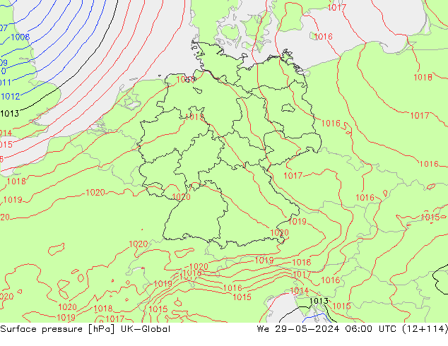 Pressione al suolo UK-Global mer 29.05.2024 06 UTC