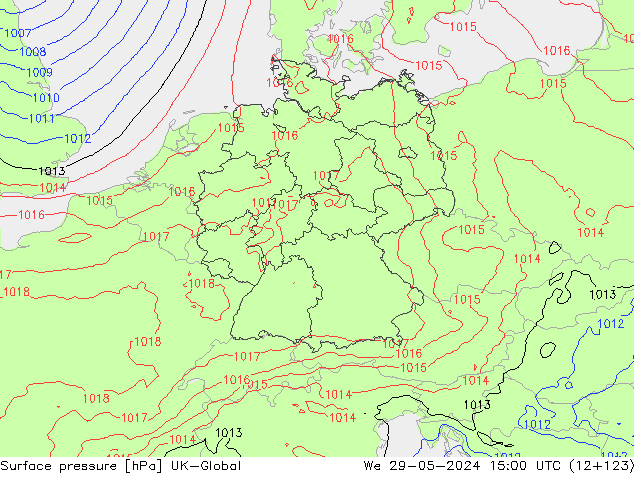 Pressione al suolo UK-Global mer 29.05.2024 15 UTC