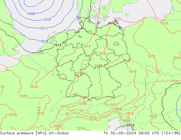 Pressione al suolo UK-Global gio 30.05.2024 06 UTC