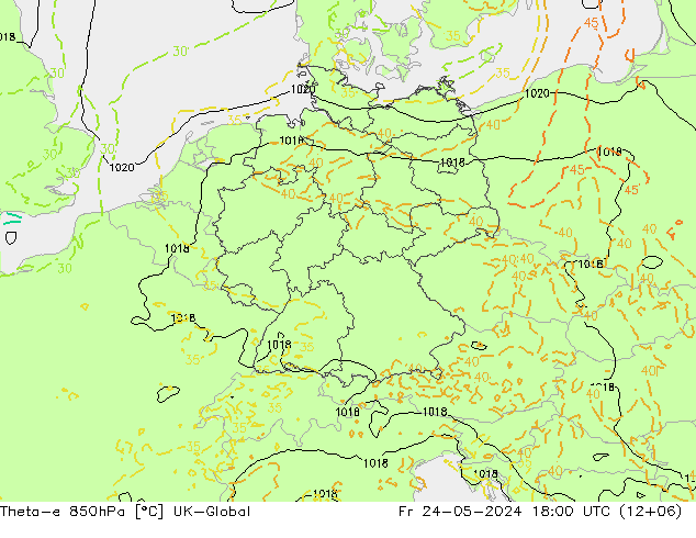 Theta-e 850hPa UK-Global Fr 24.05.2024 18 UTC