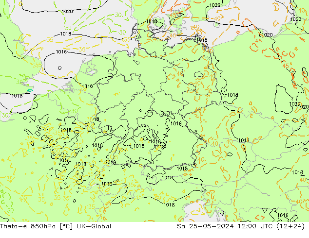 Theta-e 850hPa UK-Global sáb 25.05.2024 12 UTC