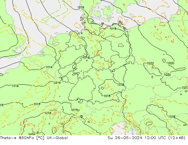 Theta-e 850hPa UK-Global Su 26.05.2024 12 UTC
