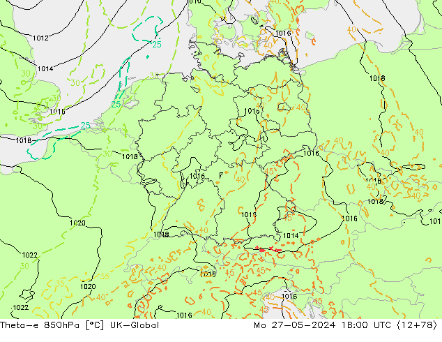 Theta-e 850hPa UK-Global pon. 27.05.2024 18 UTC