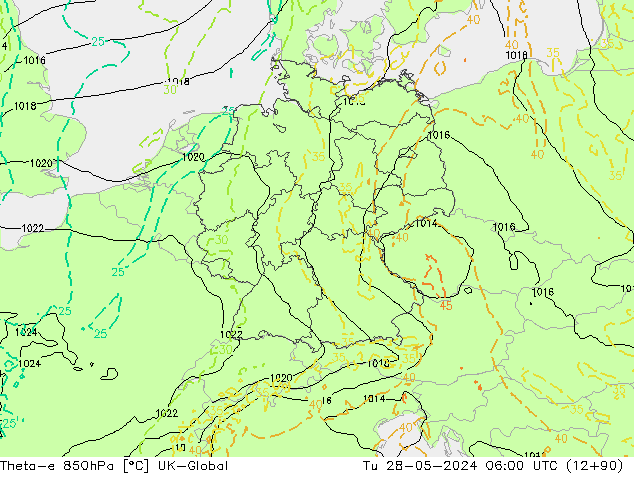 Theta-e 850hPa UK-Global mar 28.05.2024 06 UTC