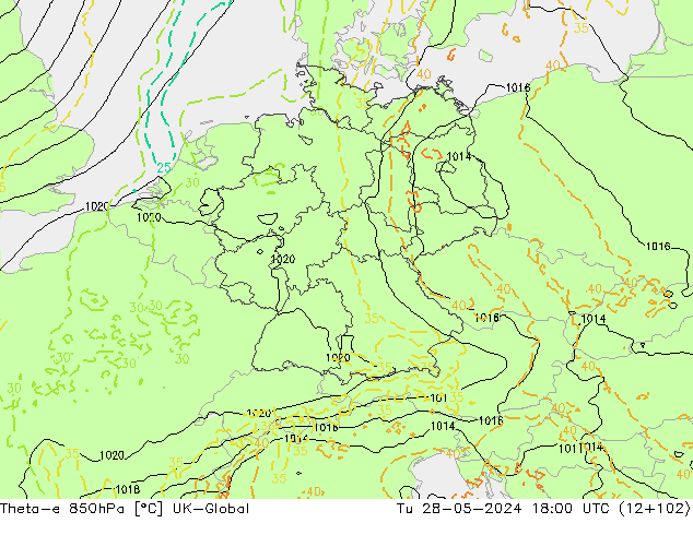 Theta-e 850гПа UK-Global вт 28.05.2024 18 UTC