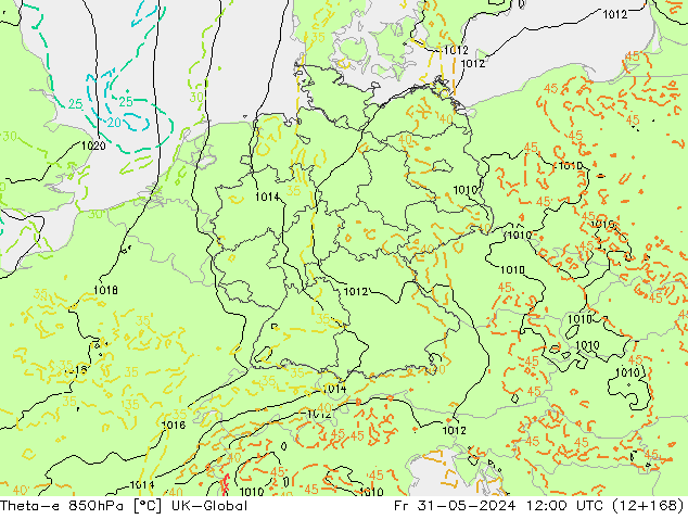 Theta-e 850hPa UK-Global Pá 31.05.2024 12 UTC