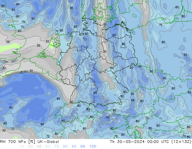 RH 700 hPa UK-Global gio 30.05.2024 00 UTC