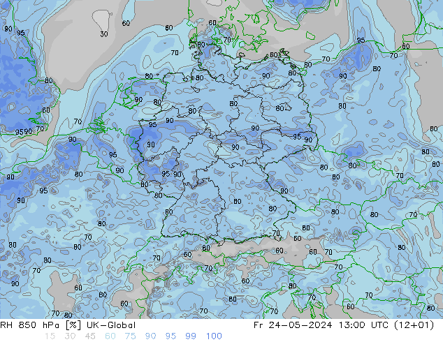 RH 850 гПа UK-Global пт 24.05.2024 13 UTC