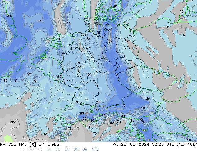 Humedad rel. 850hPa UK-Global mié 29.05.2024 00 UTC