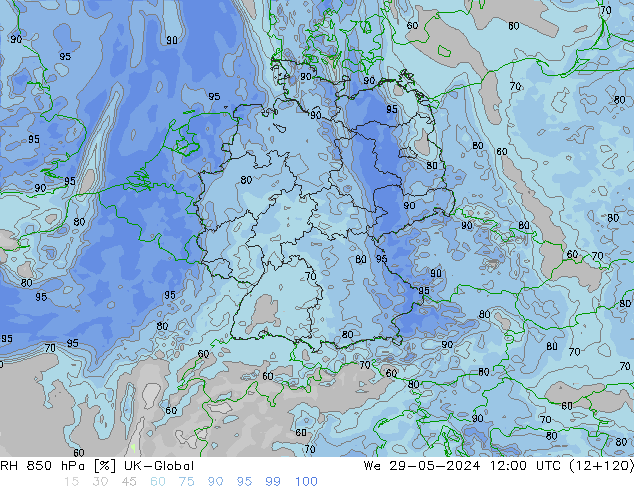 850 hPa Nispi Nem UK-Global Çar 29.05.2024 12 UTC