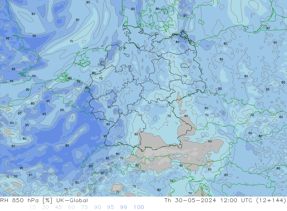 Humedad rel. 850hPa UK-Global jue 30.05.2024 12 UTC