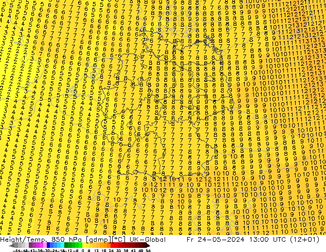 Geop./Temp. 850 hPa UK-Global vie 24.05.2024 13 UTC