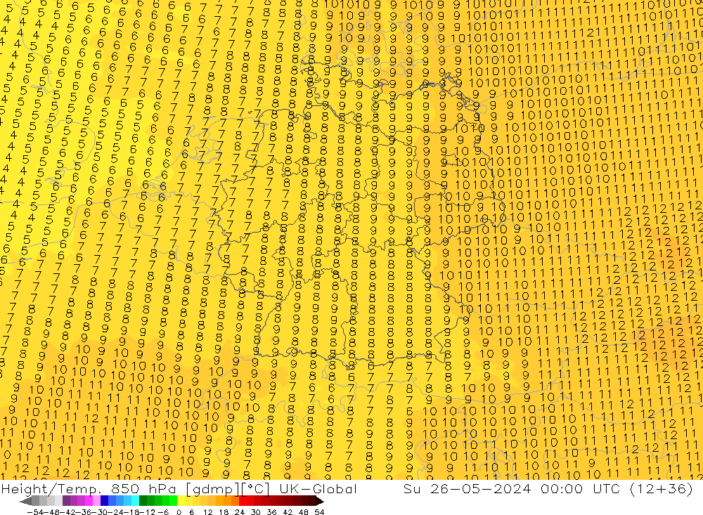 Yükseklik/Sıc. 850 hPa UK-Global Paz 26.05.2024 00 UTC