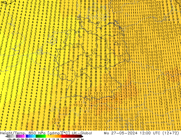 Hoogte/Temp. 850 hPa UK-Global ma 27.05.2024 12 UTC