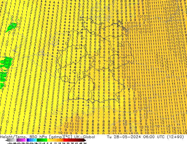 Geop./Temp. 850 hPa UK-Global mar 28.05.2024 06 UTC