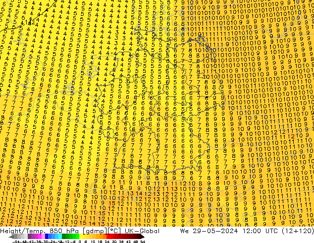 Hoogte/Temp. 850 hPa UK-Global wo 29.05.2024 12 UTC