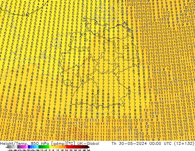 Hoogte/Temp. 850 hPa UK-Global do 30.05.2024 00 UTC