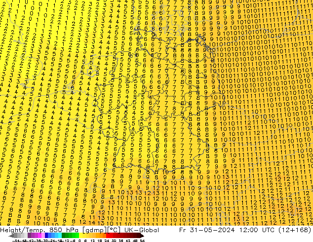 Geop./Temp. 850 hPa UK-Global vie 31.05.2024 12 UTC