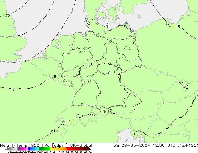 Hoogte/Temp. 950 hPa UK-Global wo 29.05.2024 12 UTC