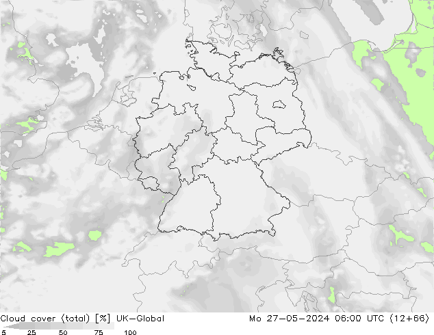 Cloud cover (total) UK-Global Mo 27.05.2024 06 UTC