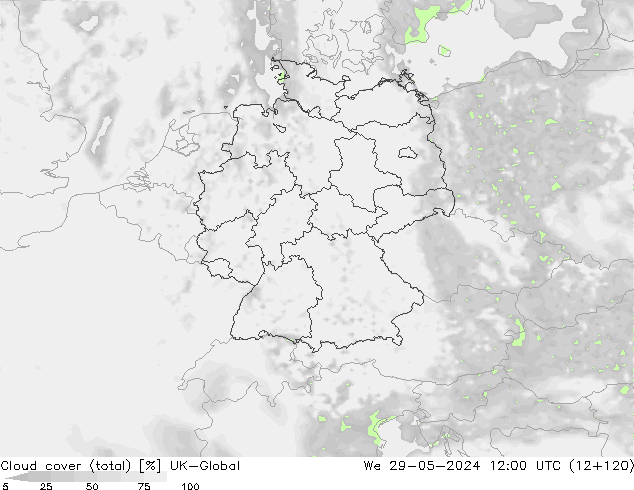 Cloud cover (total) UK-Global We 29.05.2024 12 UTC