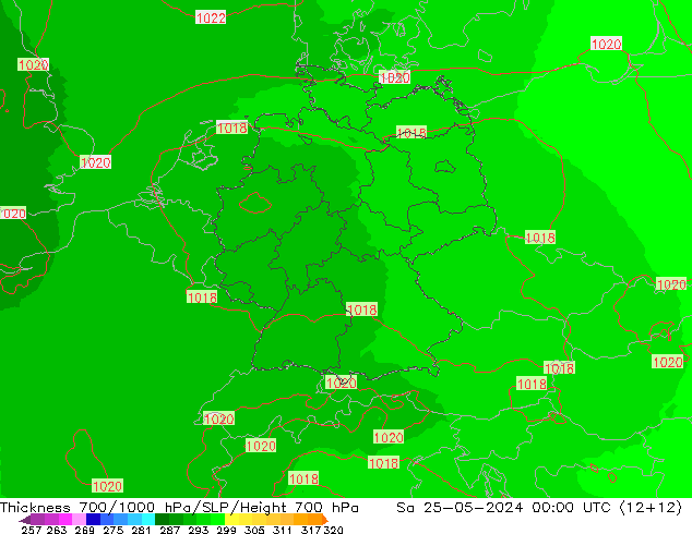 Schichtdicke 700-1000 hPa UK-Global Sa 25.05.2024 00 UTC