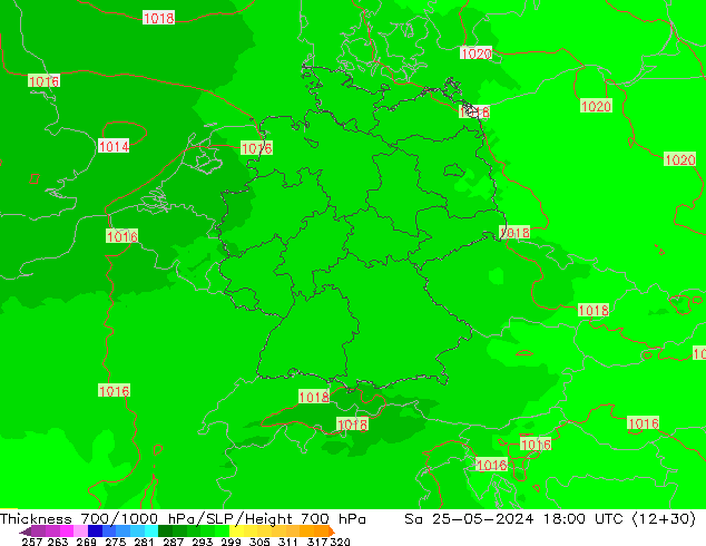 Espesor 700-1000 hPa UK-Global sáb 25.05.2024 18 UTC