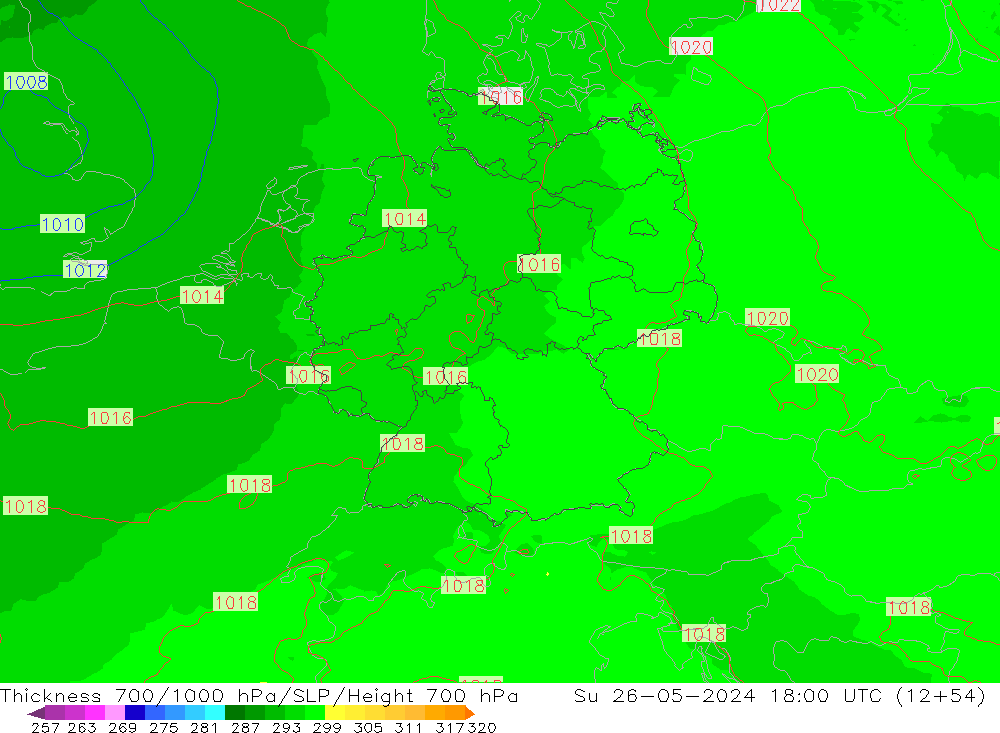 Thck 700-1000 hPa UK-Global Su 26.05.2024 18 UTC