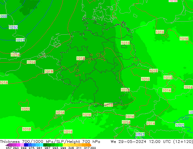 Thck 700-1000 hPa UK-Global St 29.05.2024 12 UTC