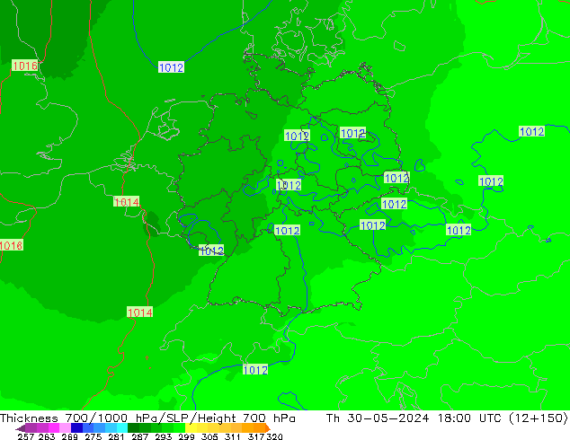 Espesor 700-1000 hPa UK-Global jue 30.05.2024 18 UTC