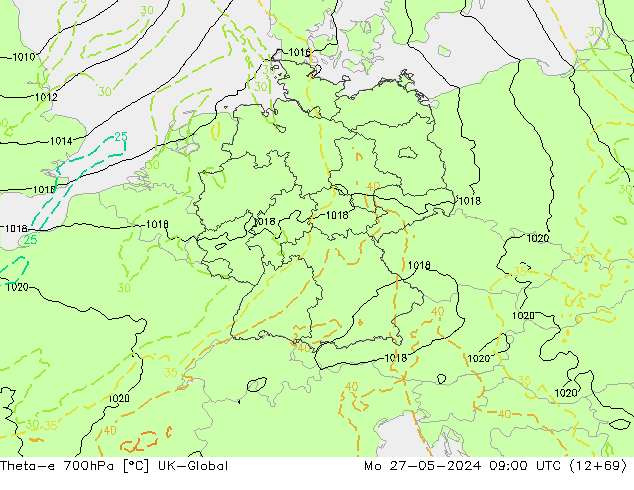 Theta-e 700hPa UK-Global  27.05.2024 09 UTC