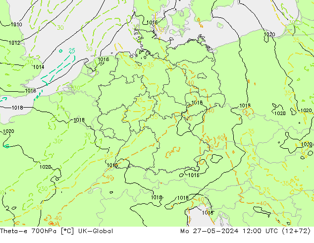 Theta-e 700hPa UK-Global Mo 27.05.2024 12 UTC