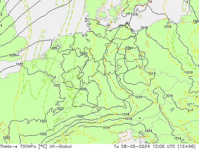 Theta-e 700hPa UK-Global mar 28.05.2024 12 UTC