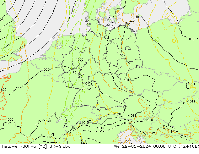 Theta-e 700hPa UK-Global Mi 29.05.2024 00 UTC