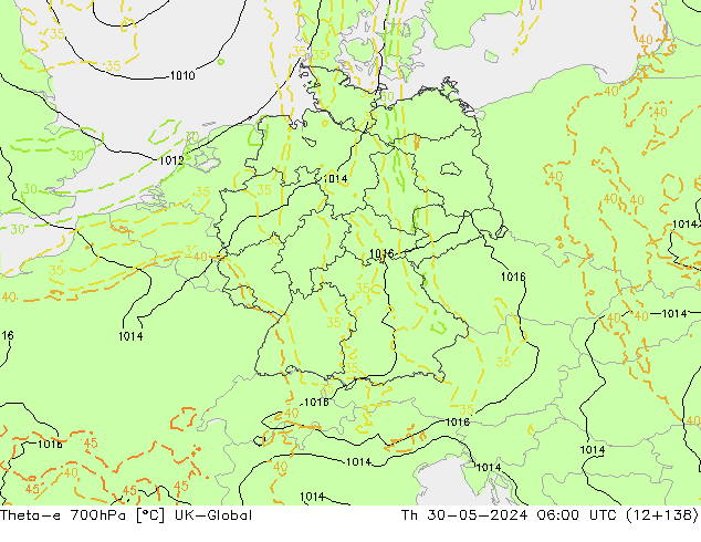 Theta-e 700hPa UK-Global Th 30.05.2024 06 UTC