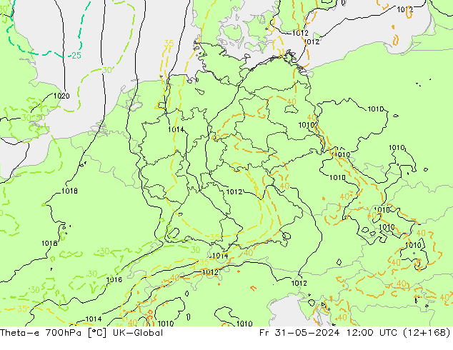 Theta-e 700hPa UK-Global vr 31.05.2024 12 UTC