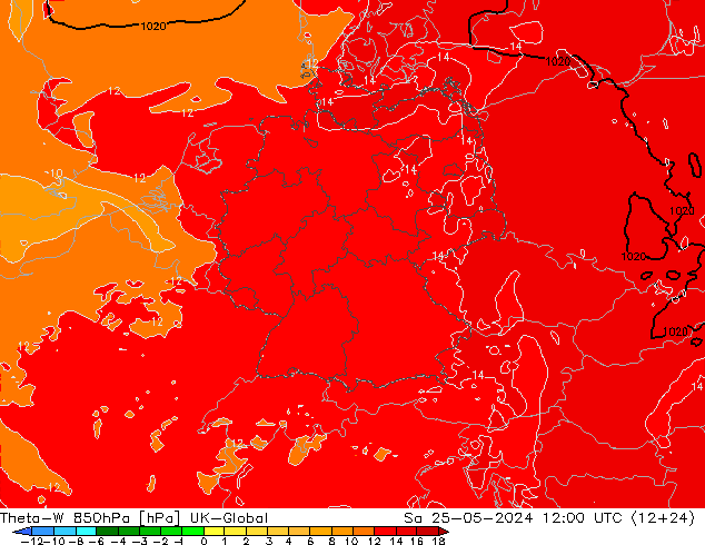 Theta-W 850hPa UK-Global Sa 25.05.2024 12 UTC