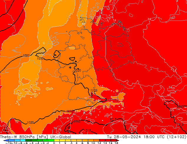 Theta-W 850hPa UK-Global Ter 28.05.2024 18 UTC