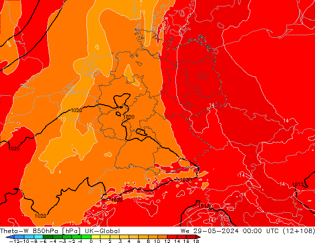 Theta-W 850hPa UK-Global We 29.05.2024 00 UTC