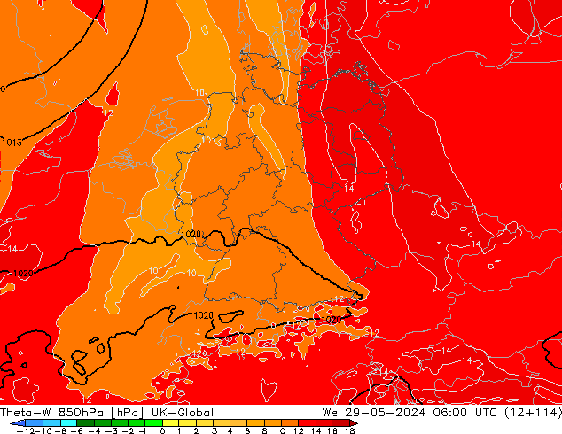 Theta-W 850hPa UK-Global mer 29.05.2024 06 UTC