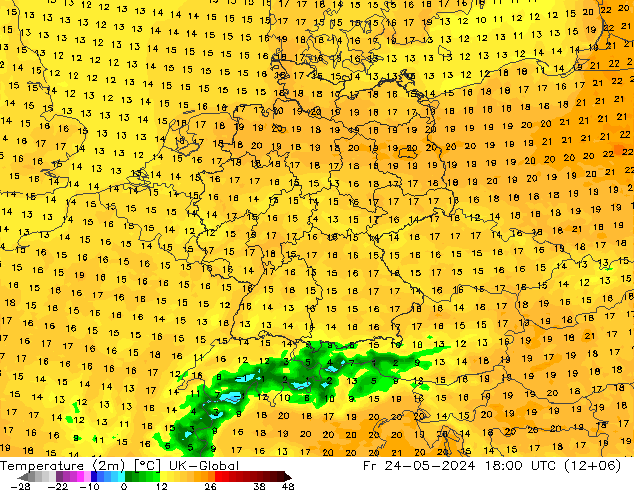 Temperatuurkaart (2m) UK-Global vr 24.05.2024 18 UTC
