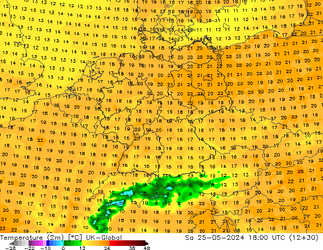 Temperaturkarte (2m) UK-Global Sa 25.05.2024 18 UTC