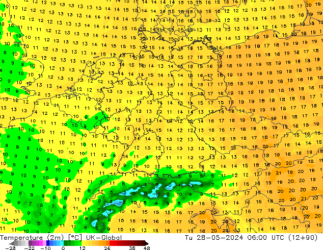 Temperature (2m) UK-Global Tu 28.05.2024 06 UTC