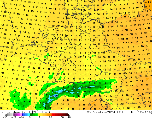 Temperatuurkaart (2m) UK-Global wo 29.05.2024 06 UTC