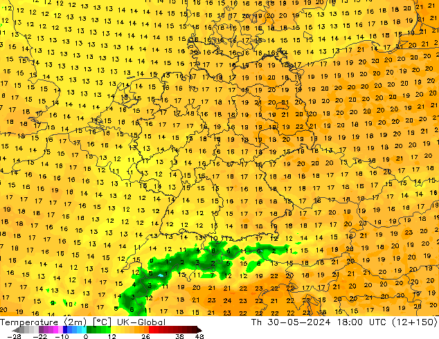 Temperature (2m) UK-Global Th 30.05.2024 18 UTC